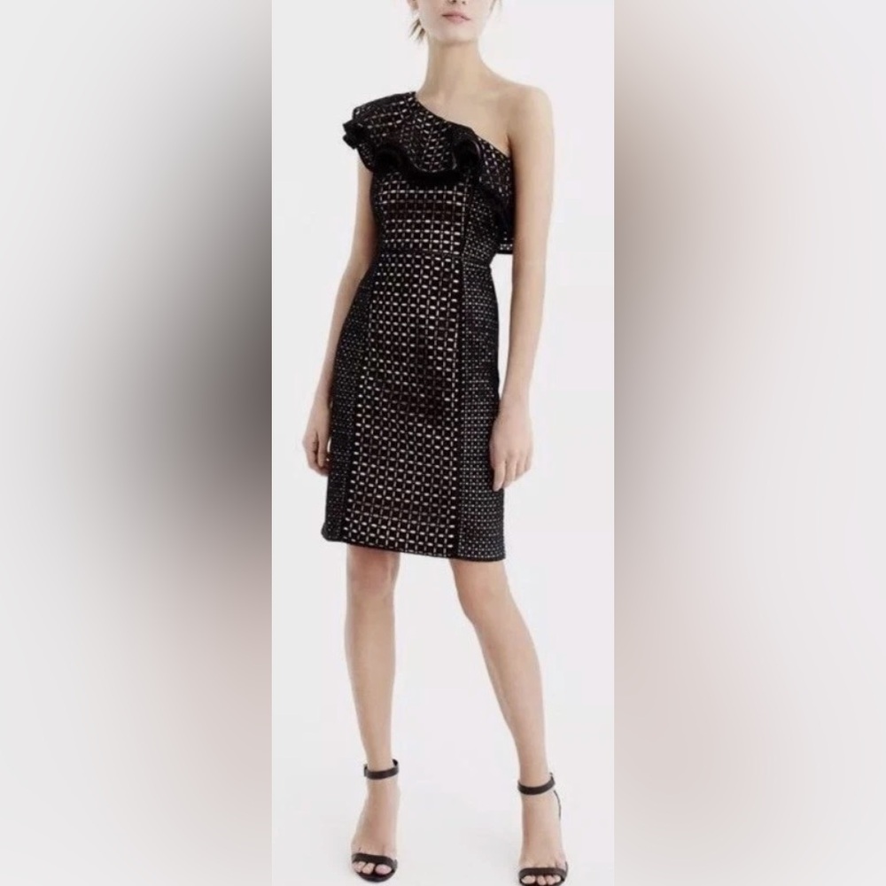 J. Crew Collection Black Eyelet Lace One Shoulder Ruffle Mini Dress. Size 6. NWT